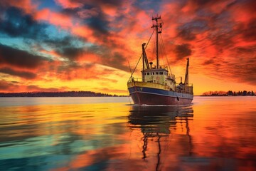 Fototapeta premium fishing trawler leaving a harbor under a colorful sky, created with generative ai
