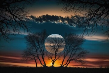 Obraz premium peaceful sunrise with full moon in the background, silhouetting trees and clouds, created with generative ai