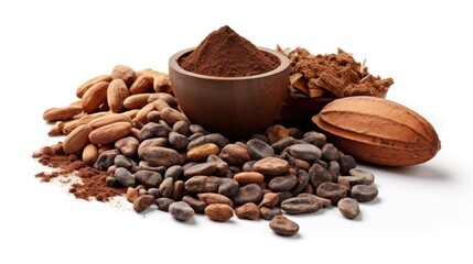 Cocoa ingredients with cocoa beans, fresh cocoa pod and cocoa mass isolated on white background. Generative Ai