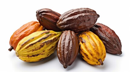 Fresh dark red, yellew Cocoa pods and beans isolated on white background. Generative Ai