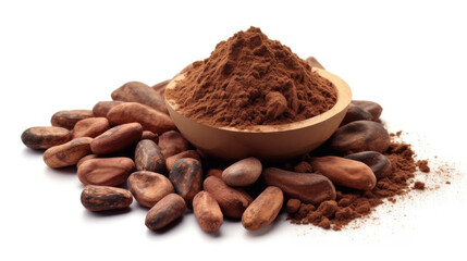 Cocoa ingredients with cocoa beans and cocoa mass isolated on white background. Generative Ai