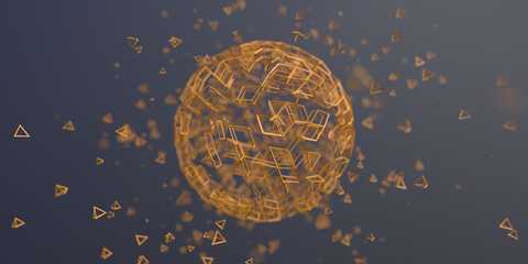 Geometric background design with yellow abstract sphere, 3d render
