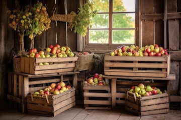 Obraz na płótnie Canvas harvested apples in wooden crates at a rustic farm, created with generative ai