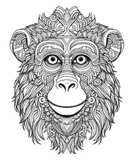 Fototapeta premium Mandala, black and white illustration for coloring animals, monkey.
