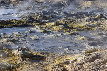 Stunning geothermic field of Sol de Mañana with its steaming geysers and hot pools with bubbling mud - just one sight on the lagoon route in Bolivia, South America