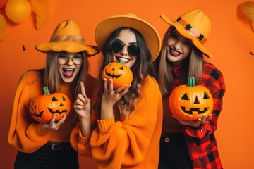 3 women smiling in halloween costumes, with pumpkins and orange background. ia generate