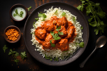 Delicious Plate of Butter Chicken and Rice, top view, dark background.ai generative