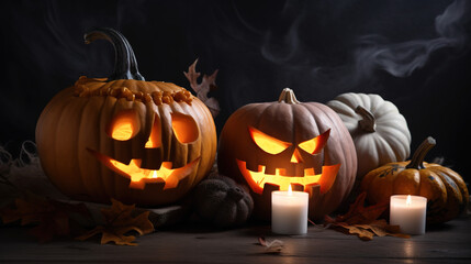Halloween pumpkins with the dark background. ia generate