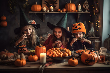 Children at the Halloween party in costumes. Pumpkins and candles. ia generate