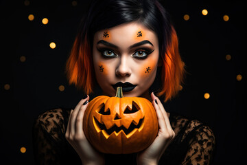 Beautiful woman made up for Halloween holding a pumpkin. Halloween holiday. ia generate