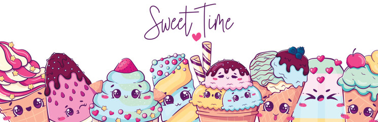 Long horizontal banner with kawaii cartoon doodle ice cream and sweet time lettering. Pastel colors. Vector illustration of cute food.