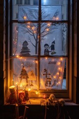 frosty window with festive drawings and fairy lights, created with generative ai