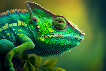 Lizard, macro, close-up view of a chameleon or gecko in green.