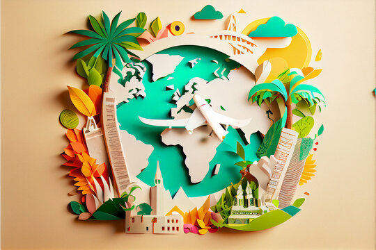 Tourist concept. Vacation template design. Paper cut art. Colored paper.