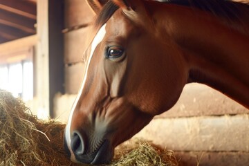 close-up of a horse munching on hay in a stable, created with generative ai - obrazy, fototapety, plakaty