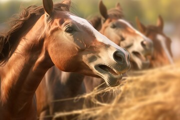 horses teeth grinding hay with blurred background, created with generative ai - obrazy, fototapety, plakaty