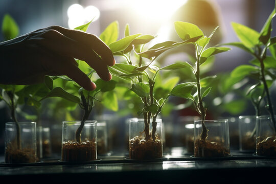 Science, environment and biotechnology concept. Growing and studying plants in laboratory. Generative AI
