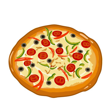 Vector illustration of pizza topped with sliced tomatoes, mushrooms and peppers