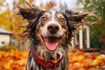 wet dog shaking with colorful autumn leaves in the background, created with generative ai