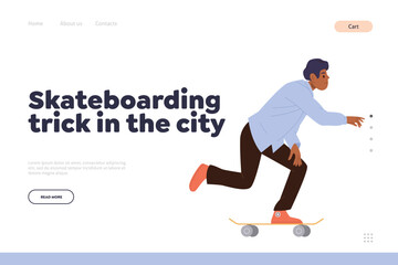 Skateboarding tricks in city landing page template stylish male skater in casual outfit riding board