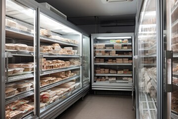 walk-in freezer packed with various kinds of frozen foods, including meats and fish, created with generative ai
