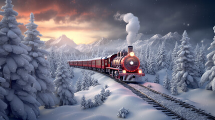 Cute christmas train goes through fantastic winter forest.ai generative