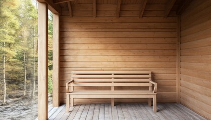 A wooden bench seat on a wooden porch, with wood roof close-up new interior modern