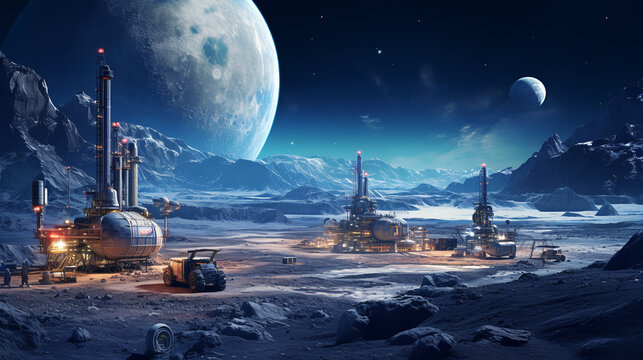 Space mining base operation on the moon surface, with planet Earth in the distance.ai generative