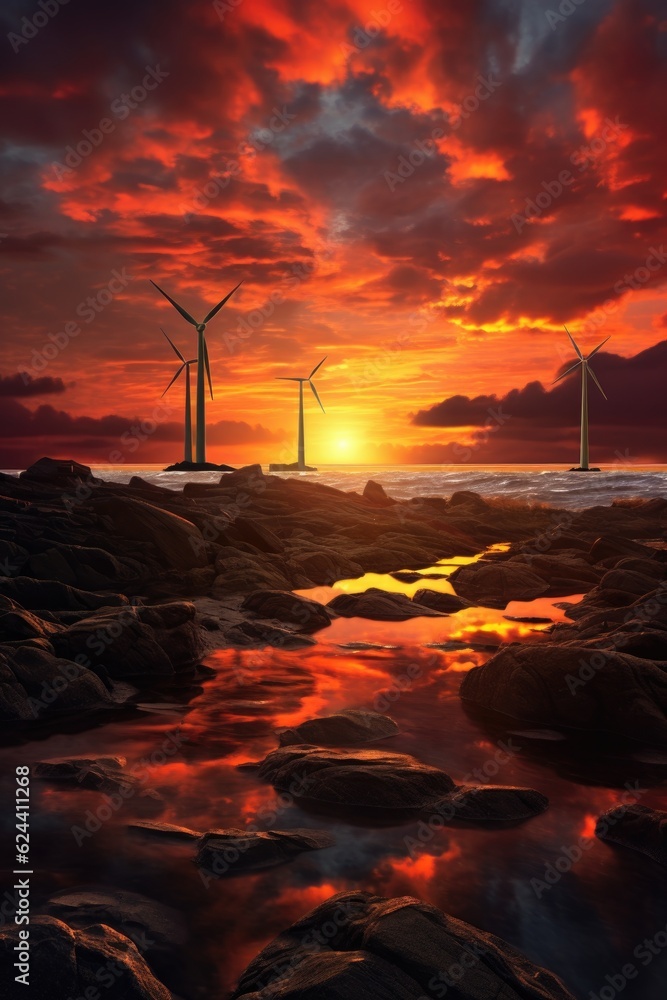 Wall mural wind turbines against a dramatic sunset, created with generative ai