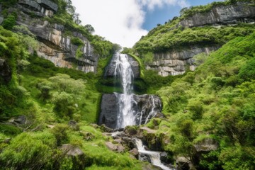 Fototapeta na wymiar waterfall cascading over towering cliffs, surrounded by lush greenery, created with generative ai