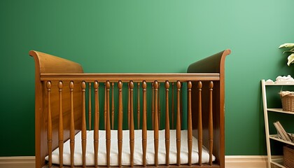 Antique retro wooden baby crib in babies room with green walls modern interior - obrazy, fototapety, plakaty