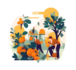 Harvest illustration made with Generative AI. Farmers harvesting, picking up fruits and vegetables in farm garden. Illustration made with AI generative