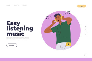 Easy listening music landing page design template with happy man cartoon character in headphones