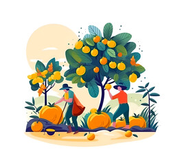 Harvest illustration made with Generative AI. Farmers harvesting, picking up fruits and vegetables in farm garden. Illustration made with AI generative