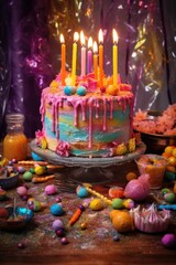 colorful birthday cake with lit candles on a festive table, created with generative ai