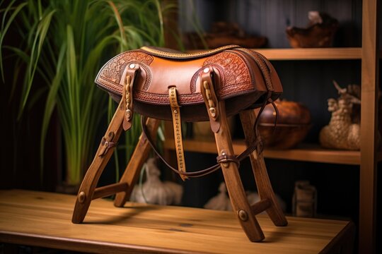 handcrafted leather saddle on wooden stand, created with generative ai