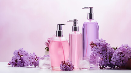 Obraz na płótnie Canvas Bottle of liquid soap with serum, cosmetic gel, bast wisp and lilac flowers on light background.ai generative