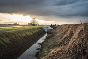 wide shot of a damaged levee with a stormy sky in the background, created with generative ai