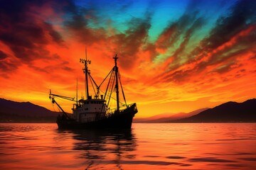 Fototapeta premium silhouette of fishing trawler against vibrant sunset sky, created with generative ai