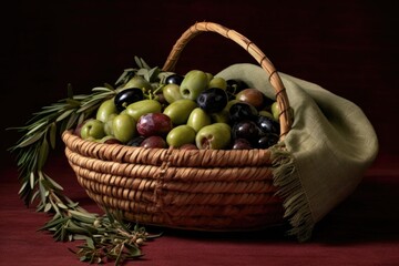 traditional woven basket filled with olives, created with generative ai