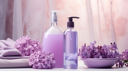 Obraz na płótnie Canvas Bottle of liquid soap with serum, cosmetic gel, bast wisp and lilac flowers on light background.ai generative
