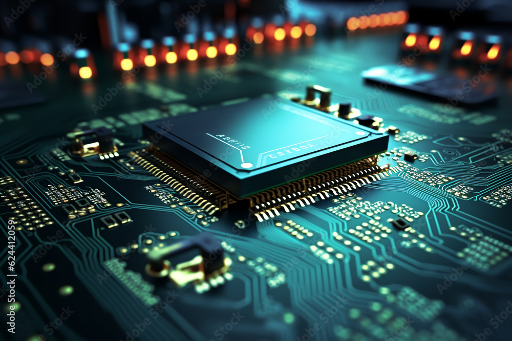 Poster processor chip, technology environment, blockchain concept. ai generative