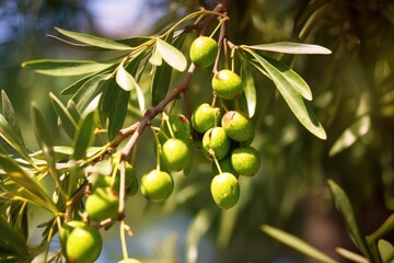 close-up of ripe olives on tree branch in sunlight, created with generative ai