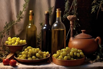 olive oil bottles with raw olives and branches in the background, created with generative ai