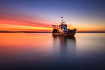long exposure of trawler moving through twilight waters, created with generative ai