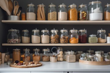 Fototapeta na wymiar zero-waste kitchen, with reusable produce bags and glass jars for storing ingredients, created with generative ai