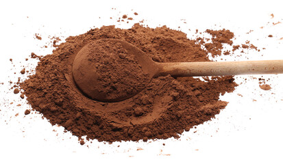 Ground cocoa, powder in wooden spoon solated on white