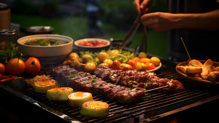Outdoor barbecue, grill, roasted beef, sausages, summer, sunset, fun, vacation, beer, celebration 