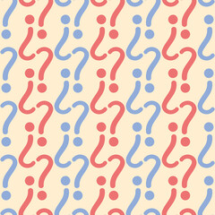 Fototapeta na wymiar Red and blue question mark vector repeat pattern over yellow. Handwritten lettering seamless illustration.