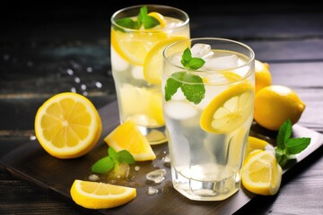 refreshing glass of summer lemonade, with a slice of lemon and plenty of ice, created with generative ai